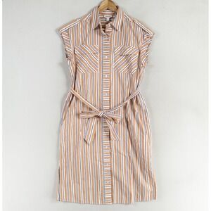 Nordstrom Shirt Dress Womens Small Tan Striped Button Up Sleeveless Belted